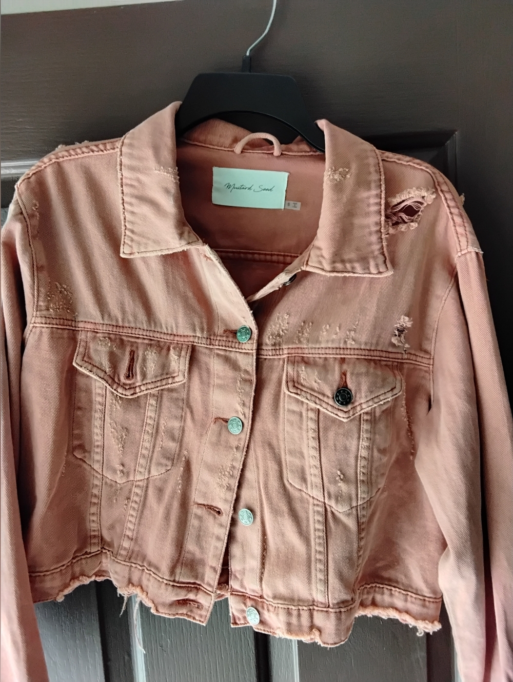 Mustard Seed Women's Distressed Denim Jacket - Peach Small - Picture 2 of 5
